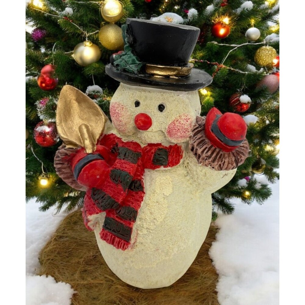 Vintage Snowman Christmas Figurine With Top Hat Striped Scarf and Shovel